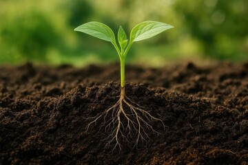 Young seedling with visible root system emerging from rich organic soil in sustainable gardening concept