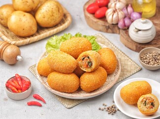 Kroket kentang. Croquettes are lumps of finely mashed potatoes filled with seasoned minced meat and mixed with vegetables such as carrots or green beans. The croquettes are coated with beaten egg and 