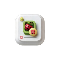 Square icon, white base, strawberry, green, red, plus, minus, check, cross
