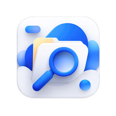 Square app icon; blue folder, magnifying glass; clouds