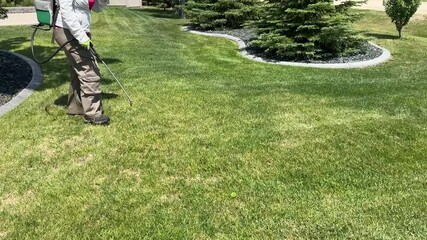 A gardener sprays fertilizer on a green lawn.