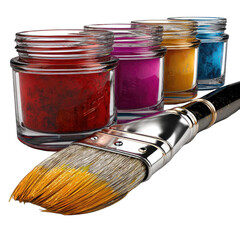 Colorful paint jars and a paintbrush