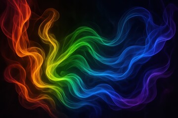 Fototapeta premium Abstract neon smoke art with rainbow gradient colors flowing in dynamic patterns against dark atmospheric background