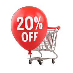 Red balloon with "20% OFF" text over shopping cart