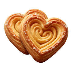 Fototapeta premium Two Delicious Heart Shaped Puff Pastry Cookies Sprinkled With Sugar Crystals Isolated on Transparent Background