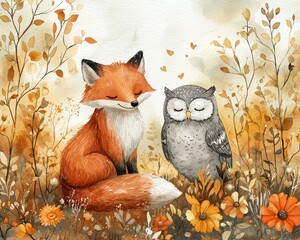Whimsical fox and owl sitting together in a vibrant autumn landscape
