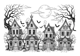 Obraz premium Spooky black & white Halloween illustration featuring four haunted houses, bats, trees, skulls, a fence, and a full moon.