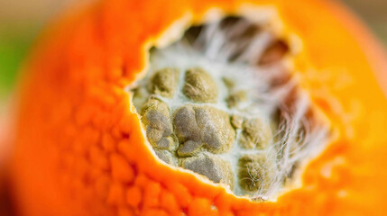 A macro shot of a torn orange rind with velvety green mold and wispy white hyphae - Generative AI
