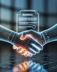 Futuristic digital handshake symbolizing successful agreement in technology-driven business collaboration.