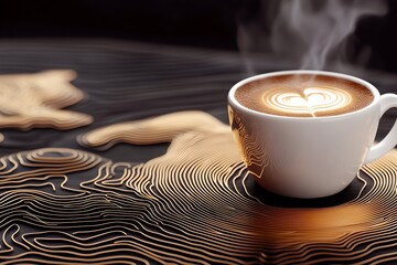 A steaming mug of freshly brewed coffee with a beautifully crafted latte art design resting on a textured wooden table