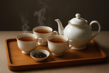 Artisanal tea ceremony with delicate porcelain cups and steaming organic leaves