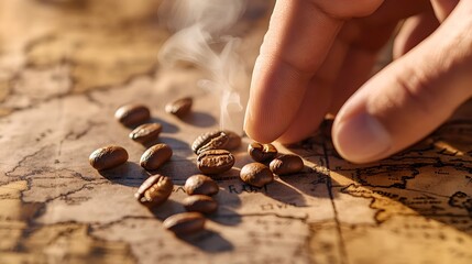 Close up of human hands gently touching and examining roasted coffee beans scattered across an old weathered world map capturing a sense of global explo n and the rich