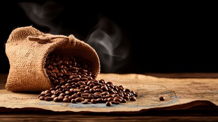 Freshly roasted coffee beans spilling out of a burlap sack creating a warm earthy aroma on a rustic wooden table