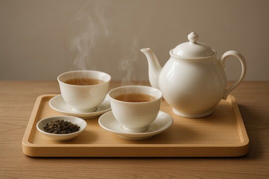 Artisanal tea ceremony with delicate porcelain cups and steaming organic leaves