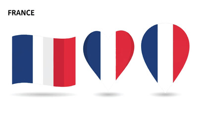 France flag set in heart and pin shape on white background
