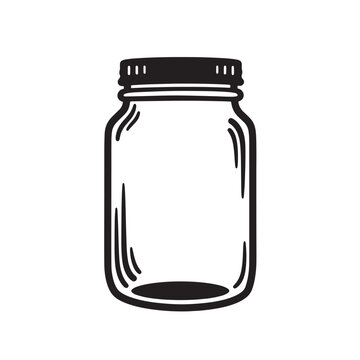 Simple black and white illustration of an empty mason jar perfect for food storage and ornament set designs