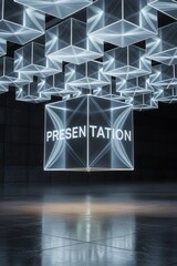 Futuristic digital cubes hanging from the ceiling, creating an immersive presentation ambiance in a modern space.