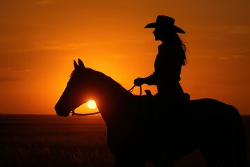 Lone Cowgirl on Horseback Silhouetted Against Golden Sunset in Wide Open Prairie Landscape