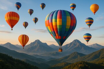 Fototapeta premium Majestic Hot Air Balloon Festival with Colorful Balloons Floating Over Mountain Landscape