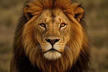 Fototapeta premium Majestic African Lion Portrait with Intense Golden Eyes and Powerful Natural Beauty