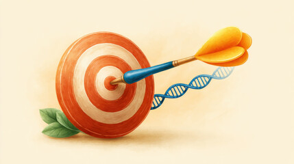 Precision medicine concept. Dart with DNA strand hits center of dartboard, symbolizing precision in genetic research