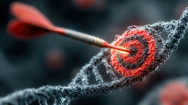 Precision medicine concept. Dart hitting center of DNA strand symbolizes precision medicine, highlighting targeted genetic therapy
