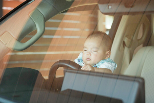 On a sunny day, a Japanese 100-day-old baby sits in the driver's seat of a car parked in the home driveway garage, gripping the steering wheel with tiny hands as if steering under a clear blue sky.