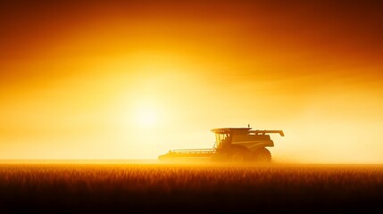 Combine harvester in field at sunset or sunrise with golden light.