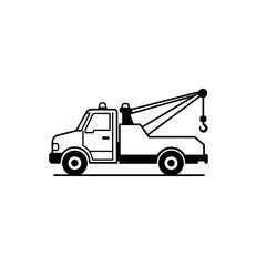 Black-and-white line art of a tow truck with a raised crane and hanging hook, designed for coloring or transport-themed illustrations.