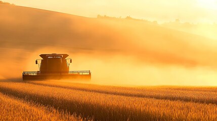 Fototapeta premium Combine harvester working in a field at sunrise with golden light and mist.