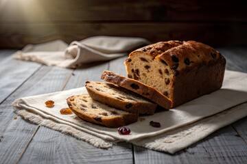 Freshly baked loaf of bread with raisins, sliced on a rustic table with soft lighting