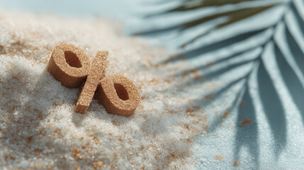 Percent symbol made of Coconut or cane sugar on tropical summer background with shadows of palm leaves, hot deal concept, close-up
