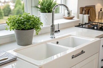 Modern kitchen sink with a stylish faucet, surrounded by greenery and kitchen utensils
