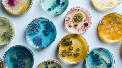 Background with mixed bacteria colonies, fungi or microbes in various petri dish. Growing cultures of microorganisms