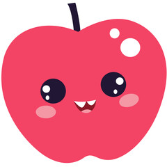 2D illustration of a bright red apple with a cute smile, ideal for food-related designs, kids' themes, or playful graphics.
