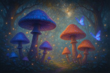 Fototapeta premium Enchanted fairy tale forest glade with luminescent butterflies dancing around giant colorful mushrooms under dappled golden sunlight