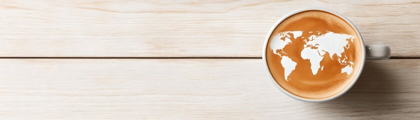 A close up view of a coffee mug or cup with a world map design on the surface set on a wooden table or desk representing global business travel and international connections