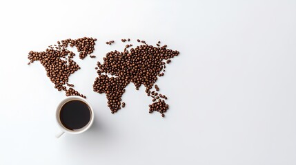 A collection of roasted coffee beans arranged in the shape of a world map showcasing the global nature of coffee production and trade
