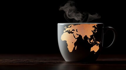 A cozy steaming mug of hot coffee with a detailed world map design evoking a sense of global connection and cultural explo n
