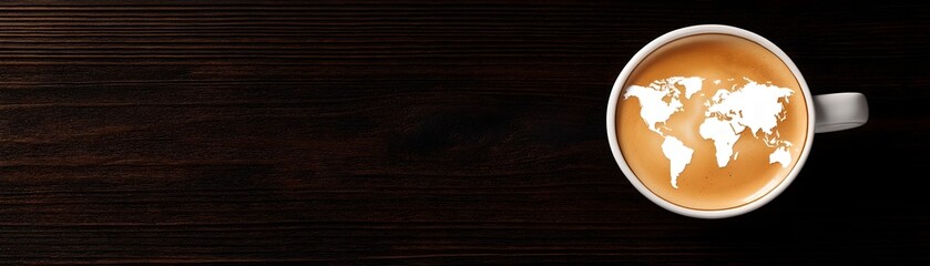 A steaming hot cup of coffee with an outline of the world map design floating on the surface resting on a dark wooden table symbolizing global connectivity and international business opportunities