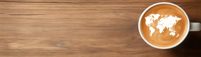A steaming mug of coffee with a silhouette of the world map design resting on a rustic wooden table surface