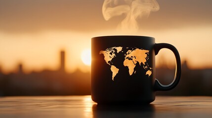 A steaming mug with a world map silhouette on it sitting on a wooden table with a cityscape in the background against an orange sunrise sky