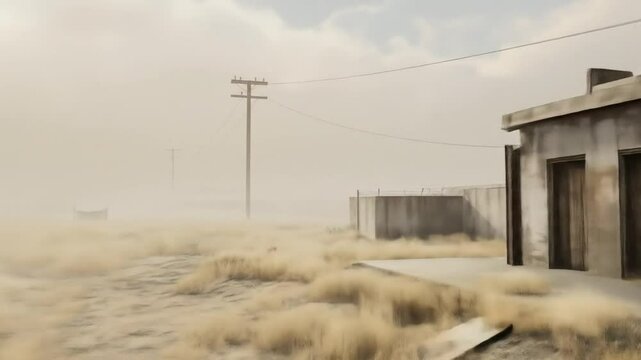 Deserted outpost in a swirling sandstorm