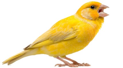 A bright yellow canary perched with its beak open on a white background isolated