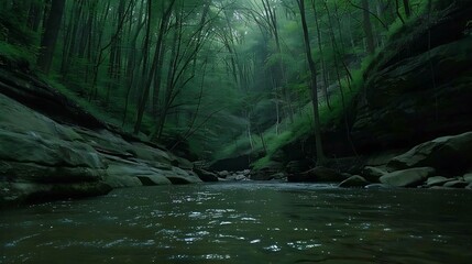 Secluded forest river scenery with towering trees and glistening water surface