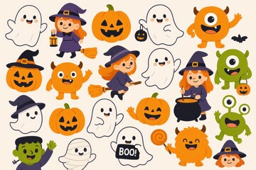 Whimsical Halloween character collection featuring friendly monsters and seasonal celebration elements