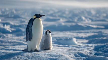 Adult emperor penguin with a chick standing on the antarctic ice landscape scene