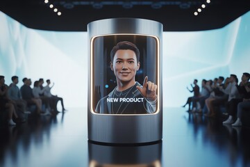 Futuristic presentation showcasing new product in modern digital conference setting with audience.