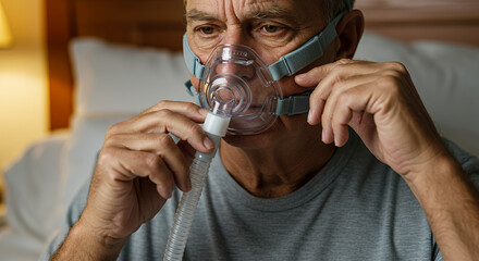 Elderly man adjusting oxygen mask while preparing to sleep in bed for respiratory therapy
