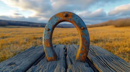 Fototapeta premium Rusty horseshoe on weathered wood, golden field